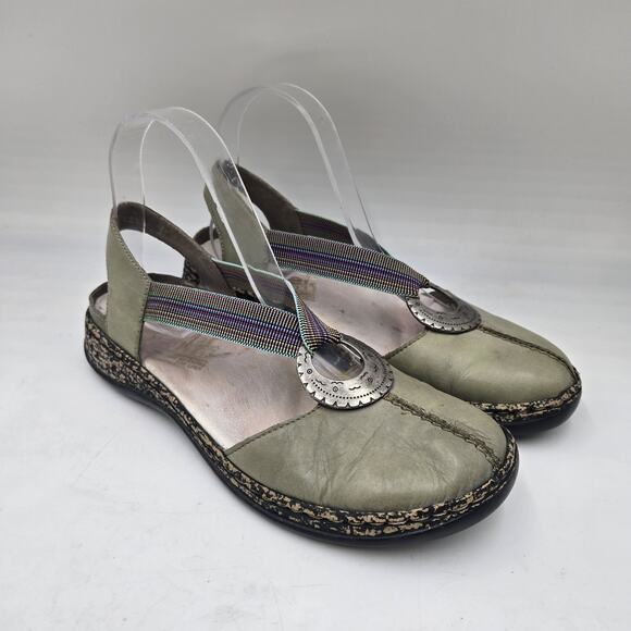 Rieker Shoes - RIEKER Daisy Green Antistress Leather Sandals Closed Toe Rainbow Strap Sz 38 7.5